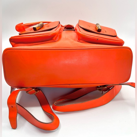 GUCCI Orange Leather Drawstring Backpack with Bamboo Accents - Picture 4 of 15